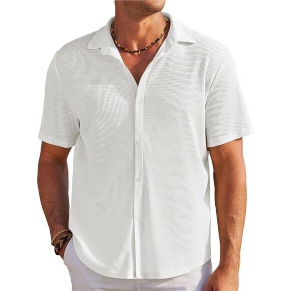 Men's Shirts Short Sleeve Waffle Knit White - Picture 2 of 5